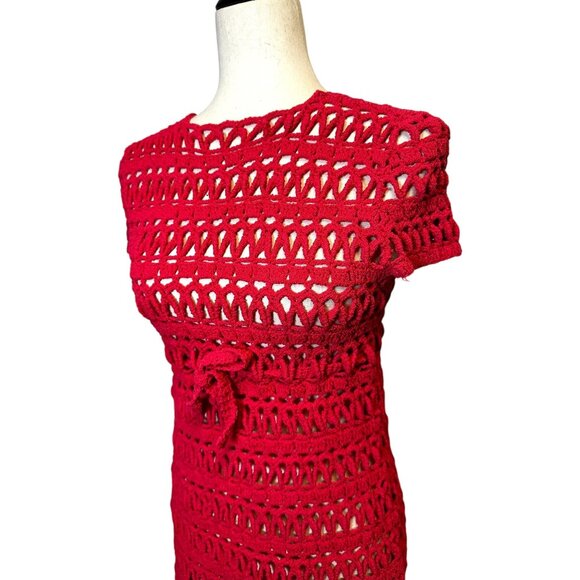 Vintage Handmade Red Crochet Dress Boho Festival Summer Beach Cover Up Short Sle - Picture 2 of 5
